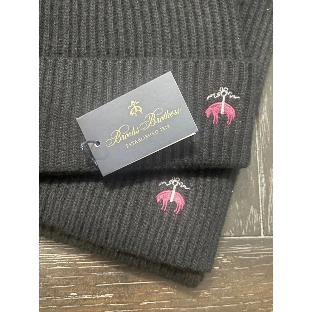 BROOKS BROTHERS Merino Wool Cashmere Black Ribbed Beanie Hat and Scarf Set NEW